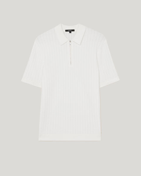 Textured Zip-up Knit Polo, White, hi-res